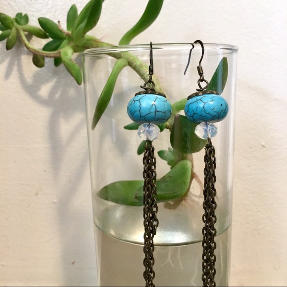 Turquoise Bead and Opalite Boho Statement Earrings - Picture 2 of 5
